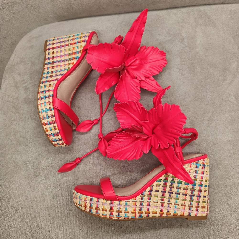 Cecelia Wedge Sandals 6.5 Pink Lilly Chunky Flower Leather Woven Strappy New$180